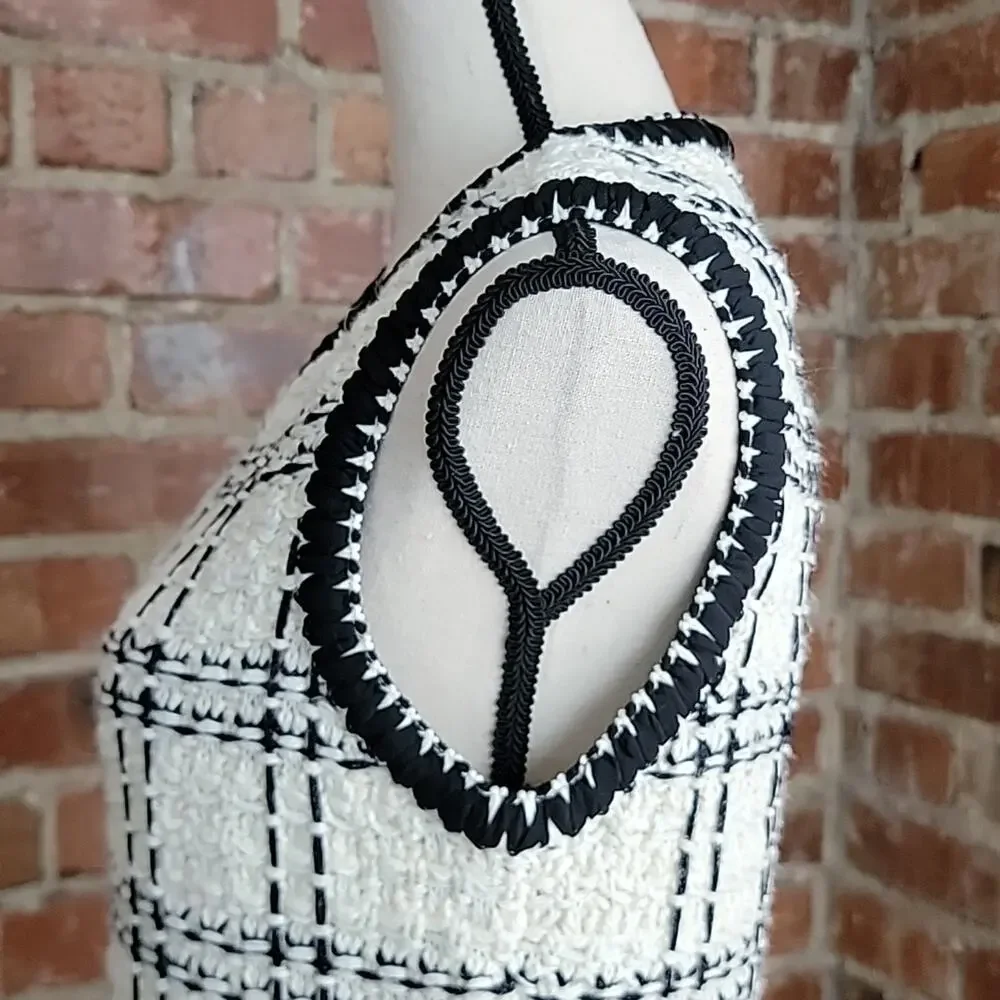 Tory‎ Burch Black Ivory Sleeveless Tweed Midi Dress Medium
